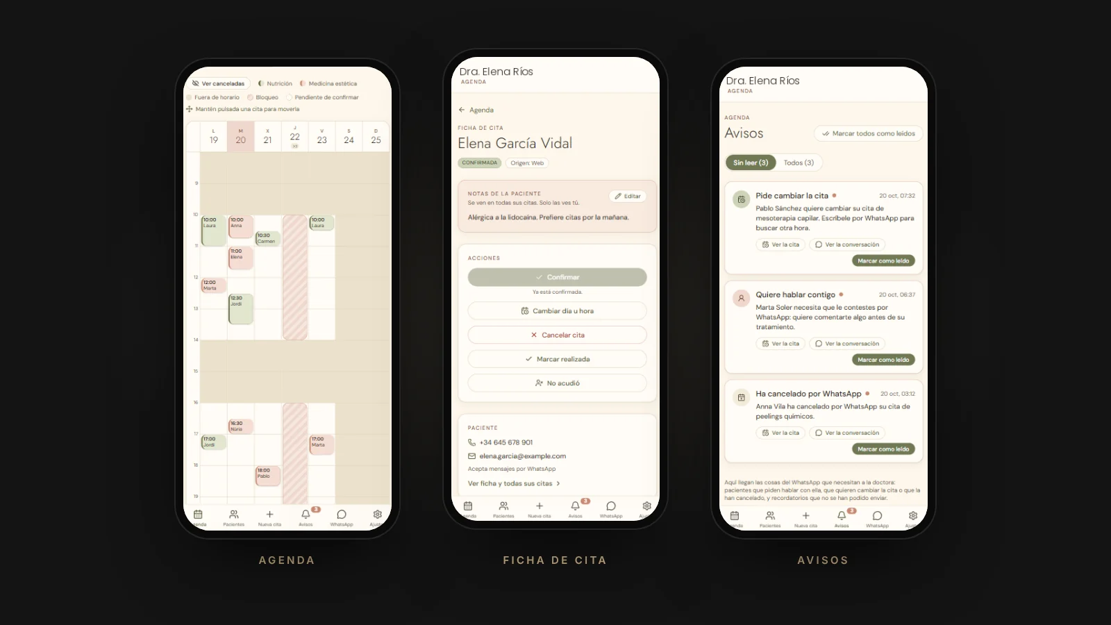 App de agenda en tres móviles: vista semanal de citas, ficha de una cita con acciones y avisos de pacientes que escriben por WhatsApp